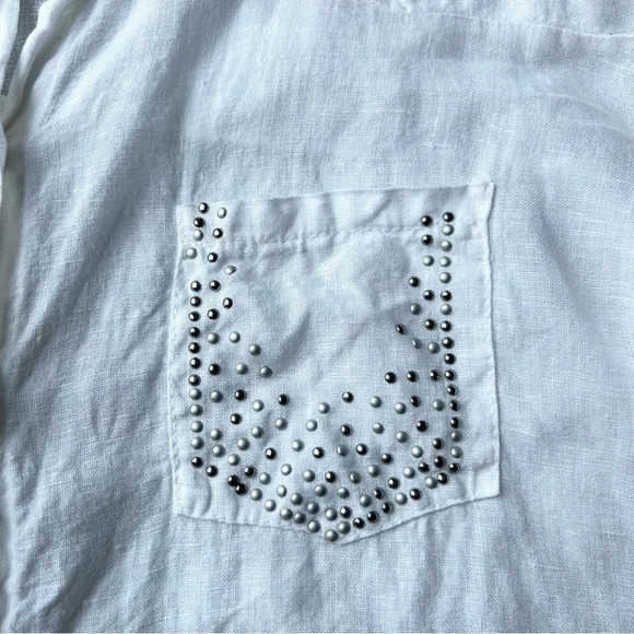 Elissia Pure Linen Studded Accent  White Button Down Shirt Blouse Made in Italy - Picture 7 of 16